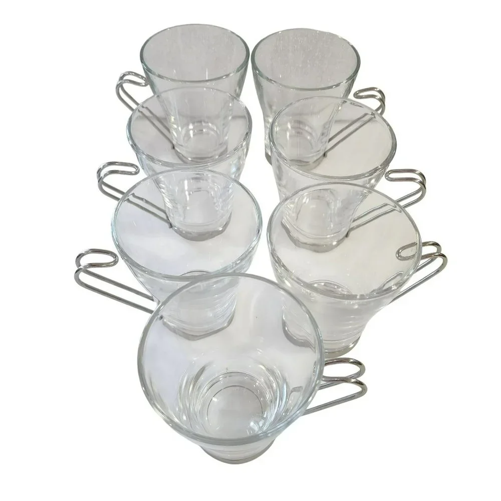Vintage Clear Glass Cappuccino Expresso Tea Cup Coffee Mug Set of 7 Metal Handle